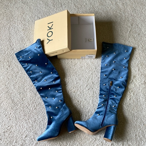 Yoki Shoes - Blue velvet boots with pearls